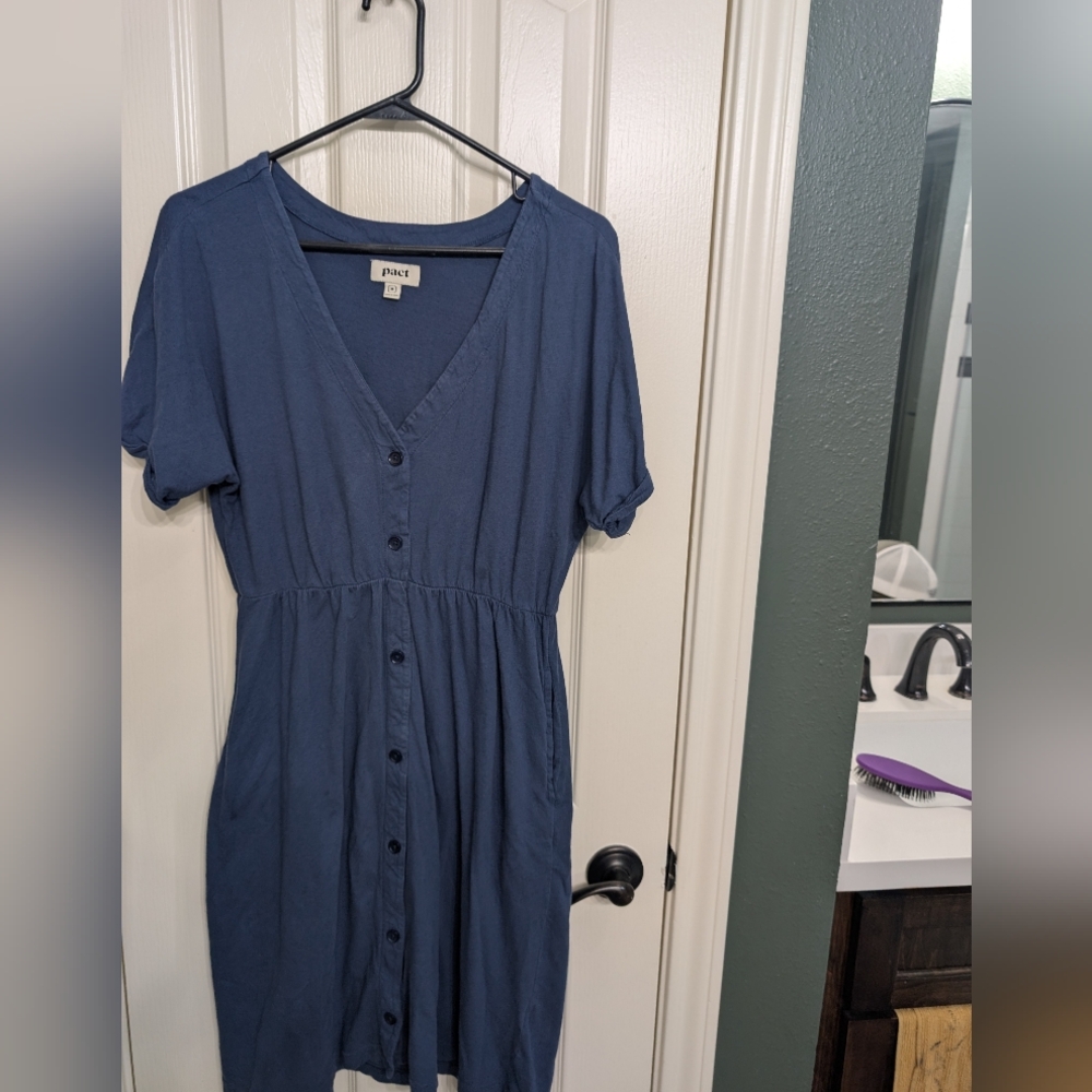 Pact Women's Navy Button-Front Midi Dress